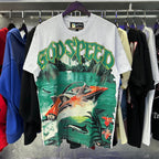 Godspeed T-shirts Speedboat Shark Print Cotton Crew Neck Short Sleeve Men and Women