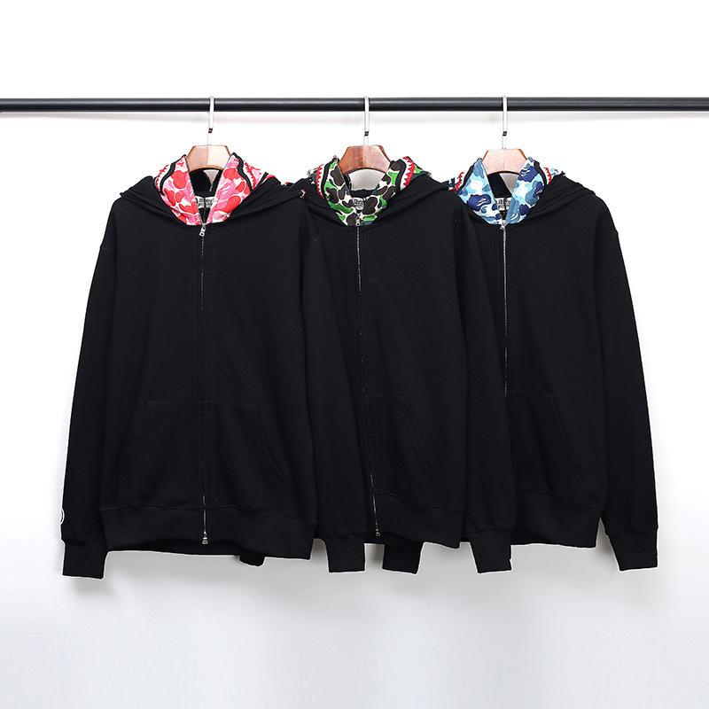 Bathing Ape Hoodie Fall/Winter Double Hood Camouflage Shark Head Zipper Fleece Padded Coat Sweatshirt