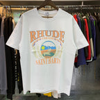 Rhude T-shirts Sunset Beach Cozy Pattern Printed Cotton Casual Loose Short Sleeve Men and Women