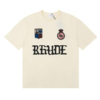 Rhude T-shirts Gothic Letter Badge Printing Cotton Casual Crew Neck Short Sleeve Men and Women