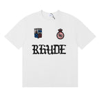 Rhude T-shirts Gothic Letter Badge Printing Cotton Casual Crew Neck Short Sleeve Men and Women