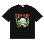 Rhude T-shirts Sunset Beach Pattern Printed Cotton Casual Short Sleeves Men and Women