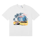 Rhude T-shirts Beach Coconut House Printed Cotton Casual Crew Neck Short Sleeve Men and Women